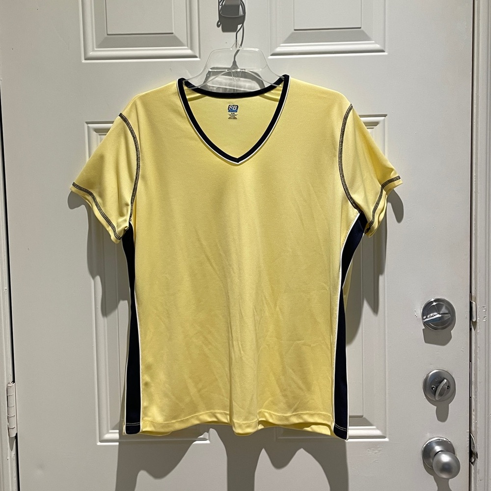 SJB Active Women’s Yellow Navy Blue Knit Mesh Short Sleeve Workout Top Size XL